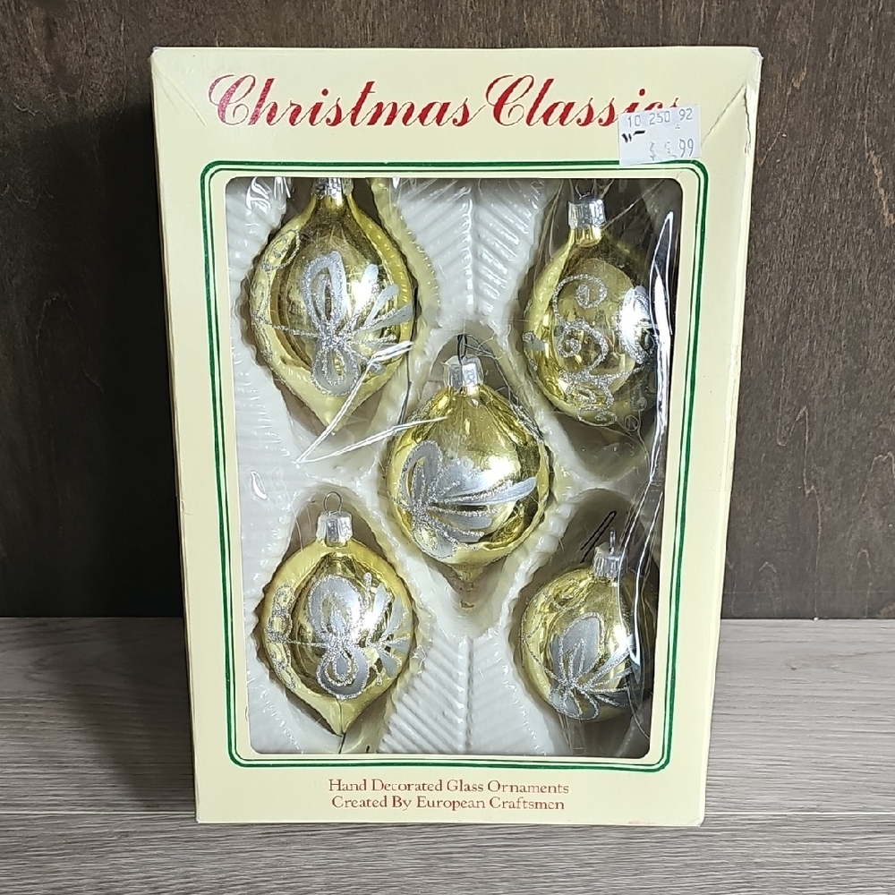 Vintage 70s Christmas Classics Set Of 5 Glass‎ Gold With Silver Ornaments